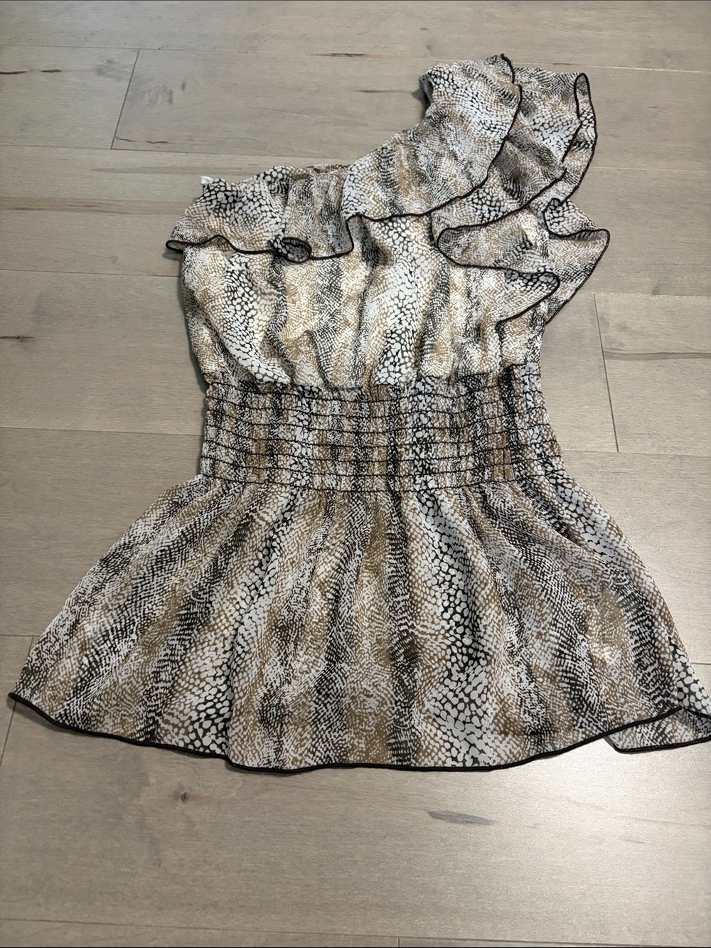 Suzy Shier One-Shoulder Ruffle Animal-Print Blouse in Beige and Cream
